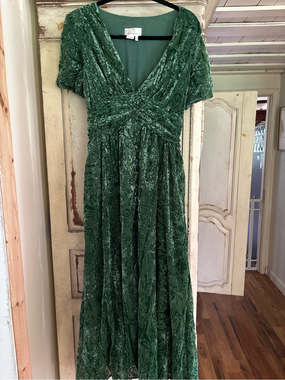 Anthropologie Emerald Green Crushed Velvet Maxi Dress